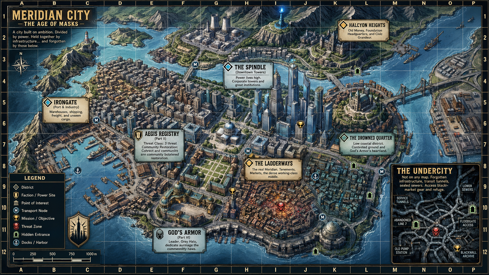 Illustrated map of Meridian City with an A–P by 1–12 coordinate grid showing Halcyon Heights, The Spindle, Irongate, Aegis Registry, The Ladderways, The Drowned Quarter and God's Armor, plus an Undercity inset and legend.
